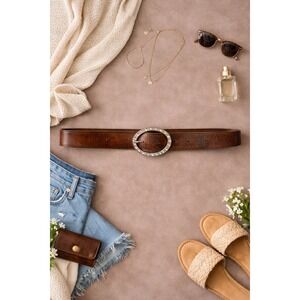 American Eagle AEO Vintage Y2K Leather Belt Rhinestone Buckle Brown Boho Western